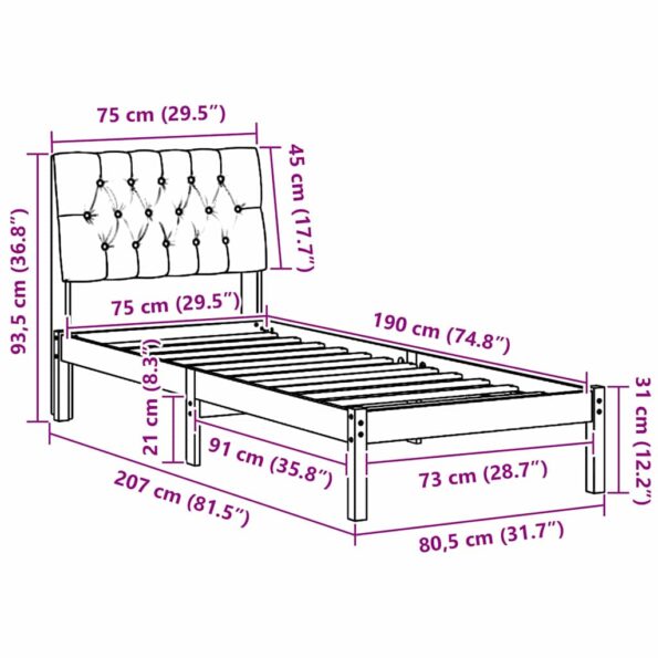 vidaXL Rám postele s čalúneným čelom s čelnou doskou Hnedá 75 x 190 cm – Obrázok 11