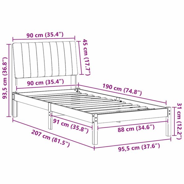 vidaXL Rám postele s čelnou doskou Hnedá 90 x 190 cm látka – Obrázok 11