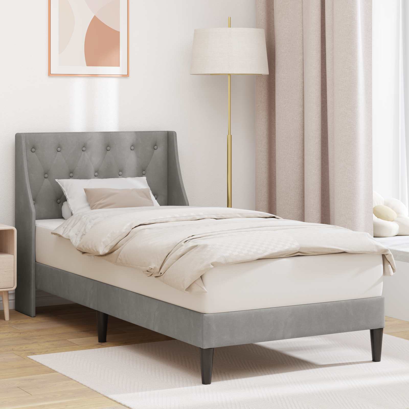 42027394_1.jpg vidaXL Rám postele s čelnou doskou Svetlosivá 90 x 190 cm Zamat – Obrázok 1