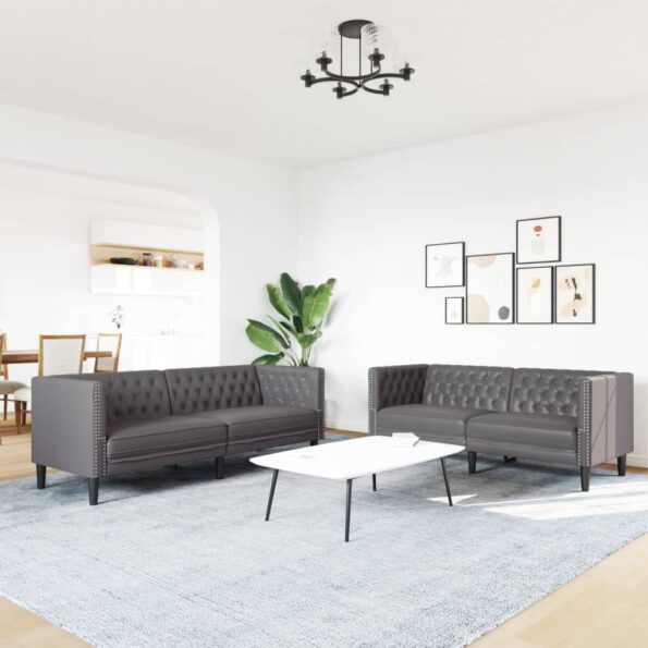 vidaXL 2-dielna súprava sedacej súpravy Chesterfield sivá, umelá koža – Obrázok 3