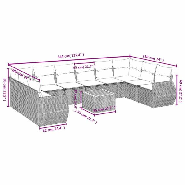 vidaXL 11-dielna záhradná súprava pohoviek s vankúšmi, čierna, polyratan – Obrázok 8