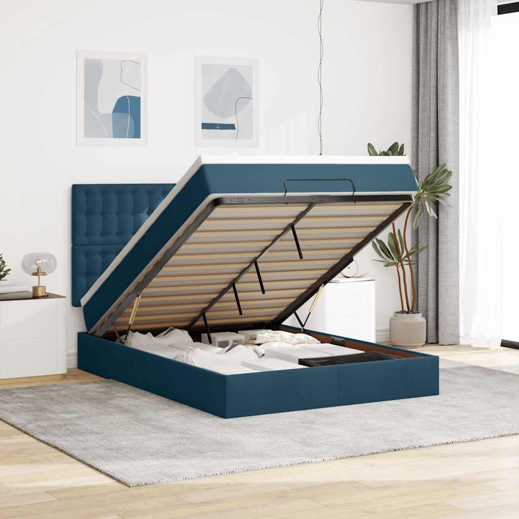 3314472_1.jpg vidaXL Podsedák s matracmi a LED diódami, tmavomodrý, 140x200 cm, zamat – Obrázok 1