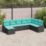 vidaXL Súprava záhradných pohoviek s vankúšom 8 pcs Čierna Poly ratan