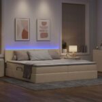 vidaXL LED úložná posteľ s matracom Krémová 200 x 200 cm Látka – Obrázok 5