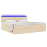 vidaXL LED úložná posteľ s matracom Krémová 200 x 200 cm Látka – Obrázok 3