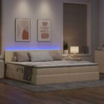 vidaXL LED úložná posteľ s matracom Krémová 200 x 200 cm Látka – Obrázok 5