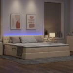 vidaXL LED úložná posteľ s matracom Krémová 200 x 200 cm Látka – Obrázok 5