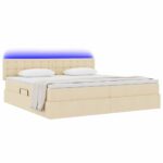 vidaXL LED úložná posteľ s matracom Krémová 200 x 200 cm Látka – Obrázok 3