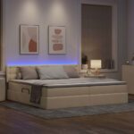 vidaXL LED úložná posteľ s matracom Krémová 200 x 200 cm Látka – Obrázok 5