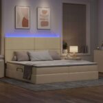 vidaXL LED úložná posteľ s matracom Krémová 200 x 200 cm Látka – Obrázok 5