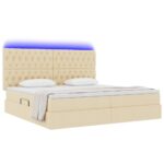 vidaXL LED úložná posteľ s matracom Krémová 200 x 200 cm Látka – Obrázok 3