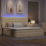 vidaXL LED úložná posteľ s matracom Krémová 200 x 200 cm Látka – Obrázok 5