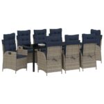 vidaXL Záhradný jedálenský set s vankúšom 9 pcs Šedá a čierna Ratan – Obrázok 3