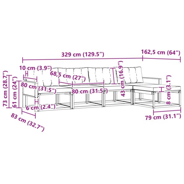 vidaXL Záhradná súprava gaučov s vankúšom 5 pcs Prírodná a krémová – Obrázok 8
