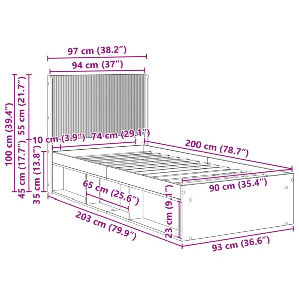 vidaXL Posteľový rám s úložným priestorom a čelom Biela 90 x 200 cm – Obrázok 10