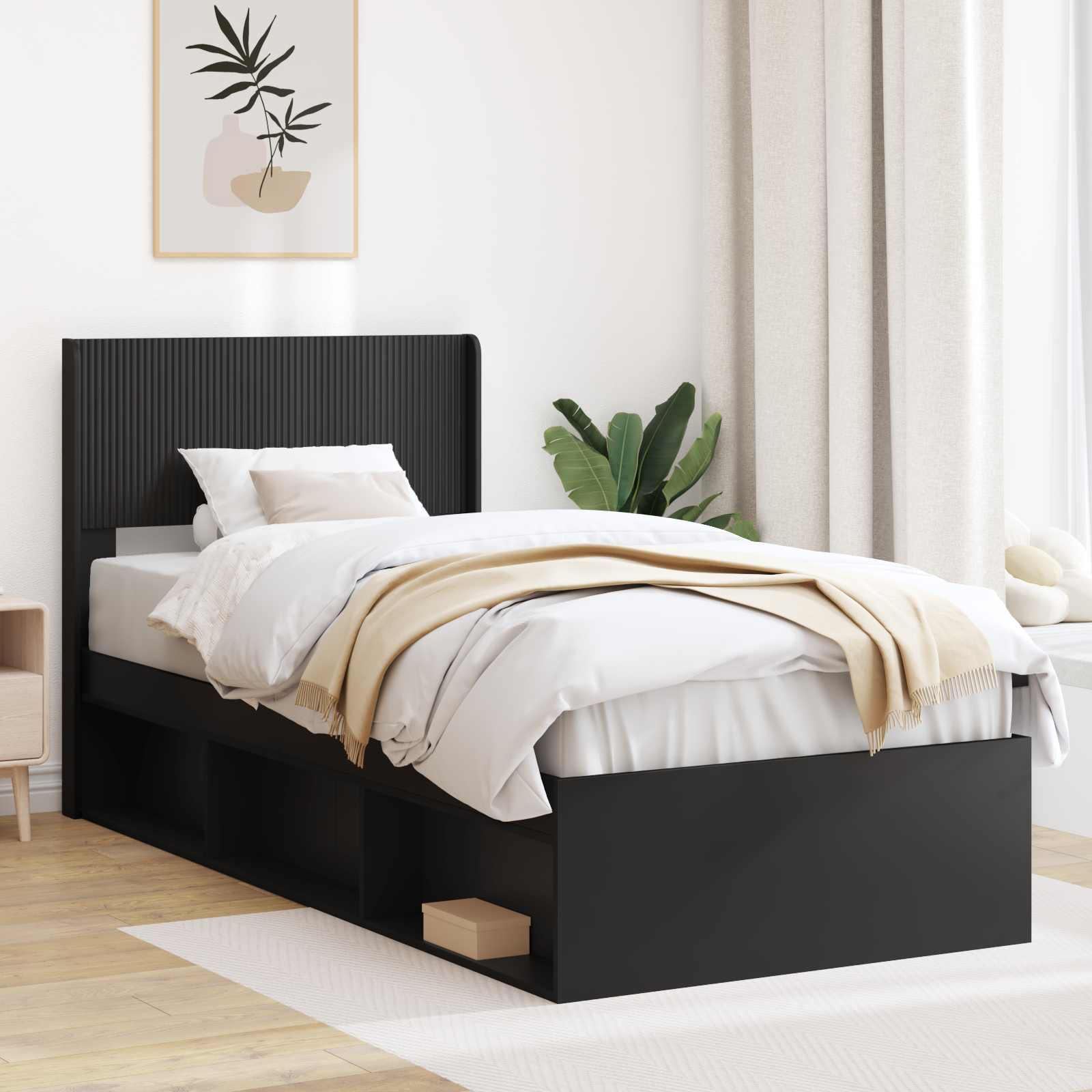 3414244_1.jpg vidaXL Posteľový rám s úložným priestorom a čelom Čierna 100 x 200 cm – Obrázok 1