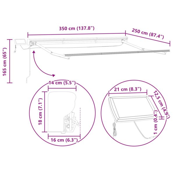 vidaXL Ručný rám markízy s LED Biely 3,5 x 2,5 m – Obrázok 13