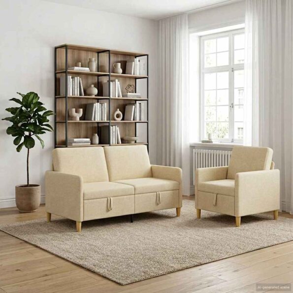 vidaXL Súprava pohovky s úložným priestorom 2 pcs Krémová Polyester – Obrázok 3