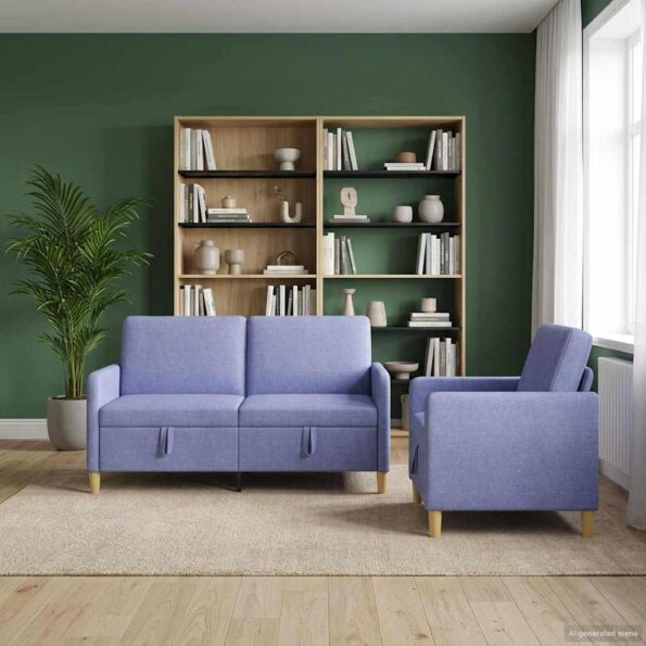 vidaXL Súprava pohovky s úložným priestorom 2 pcs Modrá džínovina – Obrázok 3