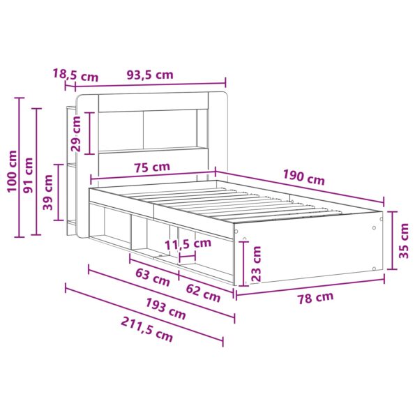 vidaXL Rám postele so skladom Dymový dub 75 x 190 cm Kompozitné drevo – Obrázok 9