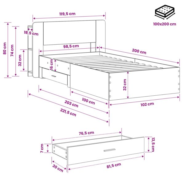 vidaXL Rám postele so skladom Dymový dub 100 x 200 cm Kompozitné drevo – Obrázok 9