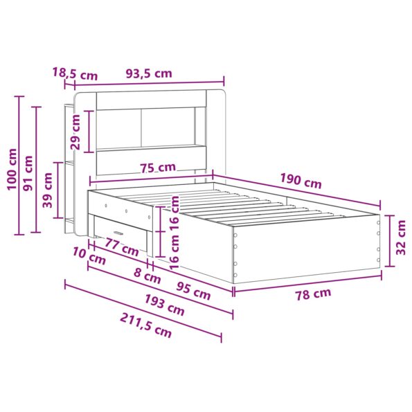 vidaXL Rám postele so skladom Dymový dub 75 x 190 cm Kompozitné drevo – Obrázok 9