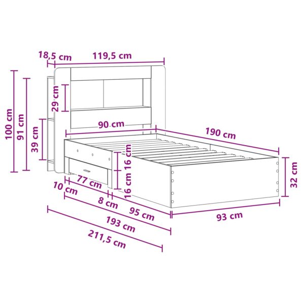 vidaXL Rám postele so skladom Dymový dub 90 x 190 cm Kompozitné drevo – Obrázok 9