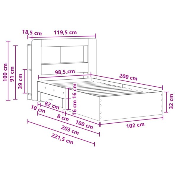 vidaXL Rám postele so skladom Dymový dub 100 x 200 cm Kompozitné drevo – Obrázok 9