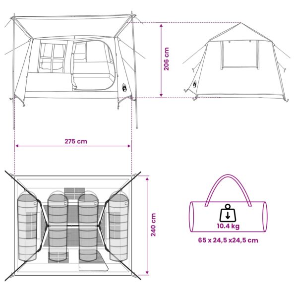 vidaXL Tunelový stan Zelená 275 x 240 x 200 cm – Obrázok 12