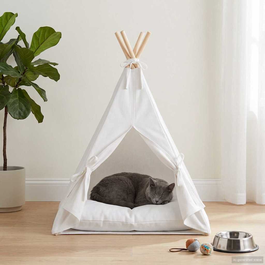 42020252_1.jpg vidaXL Psí teepee s vankúšom Biela 40 x 40 x 50 cm Polyester – Obrázok 1