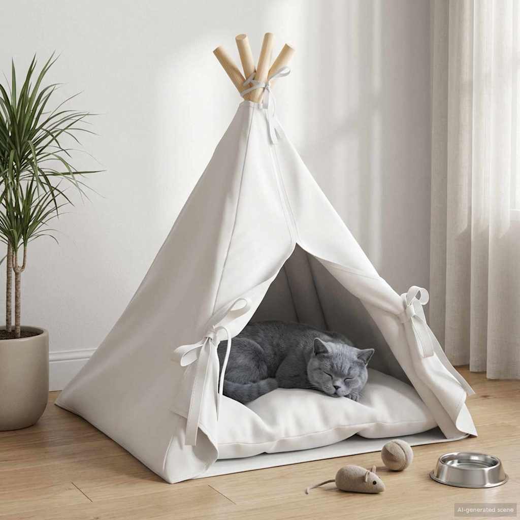 42020253_1.jpg vidaXL Psí teepee s vankúšom Biela 50 x 50 x 60 cm Polyester – Obrázok 1