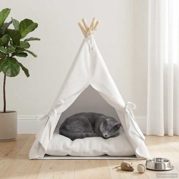 vidaXL Psí teepee s vankúšom Biela 50 x 50 x 60 cm Polyester – Obrázok 3
