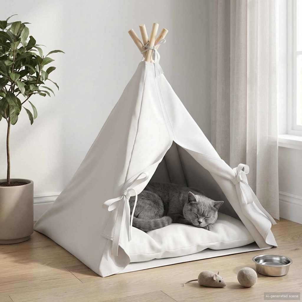 42020254_1.jpg vidaXL Psí teepee s vankúšom Biela 60 x 60 x 70 cm Polyester – Obrázok 1