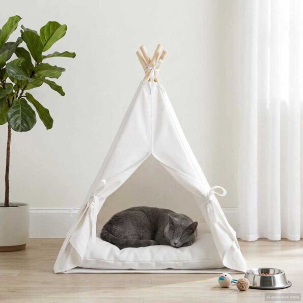 vidaXL Psí teepee s vankúšom Biela 60 x 60 x 70 cm Polyester – Obrázok 3