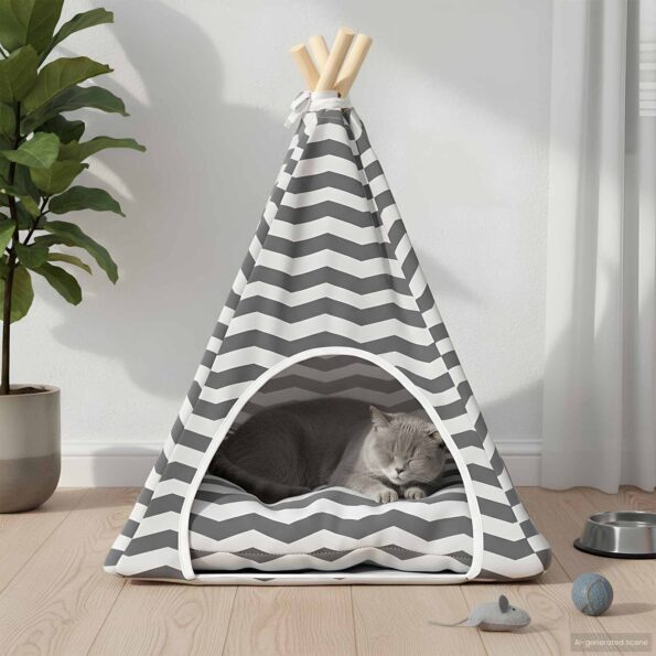 vidaXL Psí teepee s vankúšom Biela a šedá 50 x 50 x 60 cm Polyester – Obrázok 3