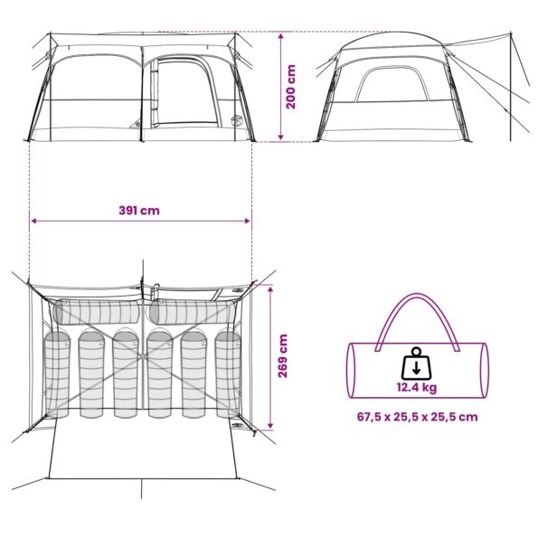vidaXL Rodinný stan Armádna zelená 380 x 260 x 190 cm Polyester – Obrázok 13