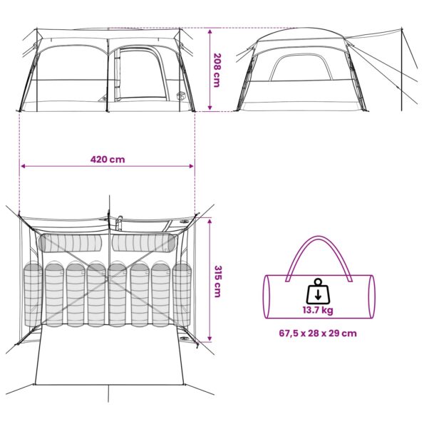 vidaXL Rodinný stan Armádna zelená 420 x 305 x 200 cm Polyester a oceľ – Obrázok 13