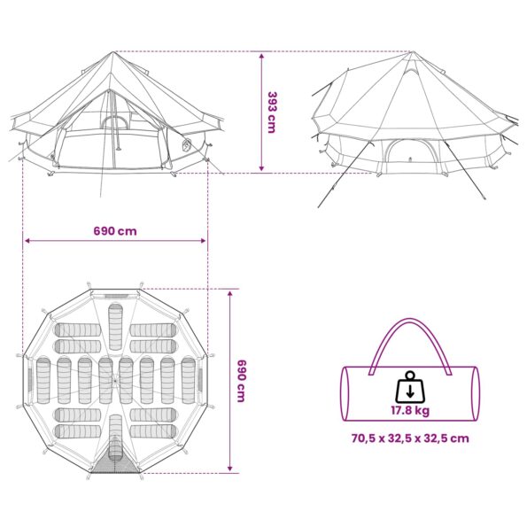 vidaXL Tipi stan Armádna zelená 700 x 700 x 395 cm Polyester a oceľ – Obrázok 11