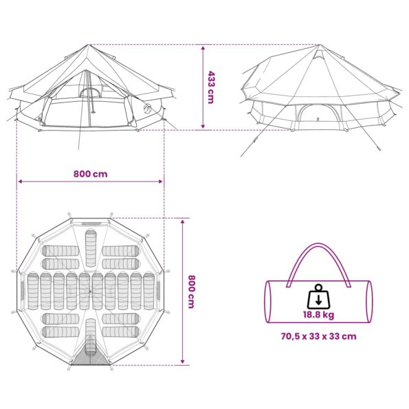 vidaXL Tipi stan Zelená 800 x 800 x 430 cm Polyester a oceľ – Obrázok 11
