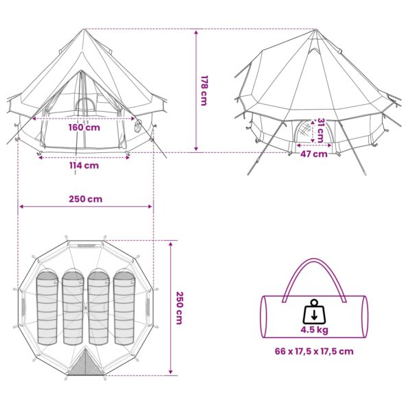 vidaXL Tipi stan Armádna zelená 250 x 250 cm Polyester a oceľ – Obrázok 11