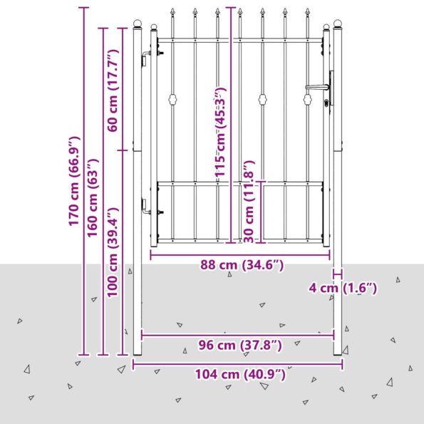 vidaXL Brána do plotu HORST 100 x 125 cm Kov Čierna Zamykateľné – Obrázok 5