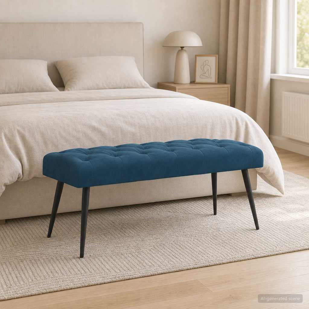42038580_1.jpg vidaXL Lavica s gombíkovým prešívaním Modrá 110 x 40 x 46 cm Zamat – Obrázok 1