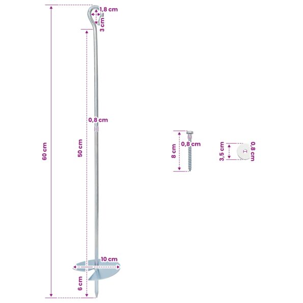 vidaXL Zemný kotviaci predmet 10 pcs Strieborná Ø10 x 60 cm – Obrázok 7