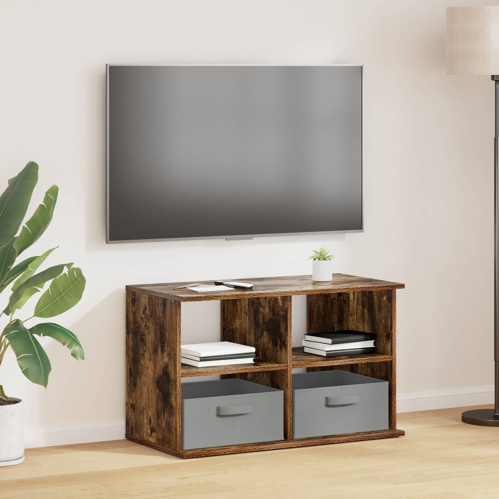 8000464_1.jpg vidaXL Stojan na televízor so zásuvkou Dymová dub 79 x 40 x 48 cm – Obrázok 1
