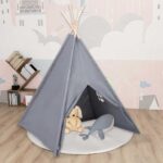vidaXL Detský stan típí s taškou sivý 120x120x150 cm polyesterový