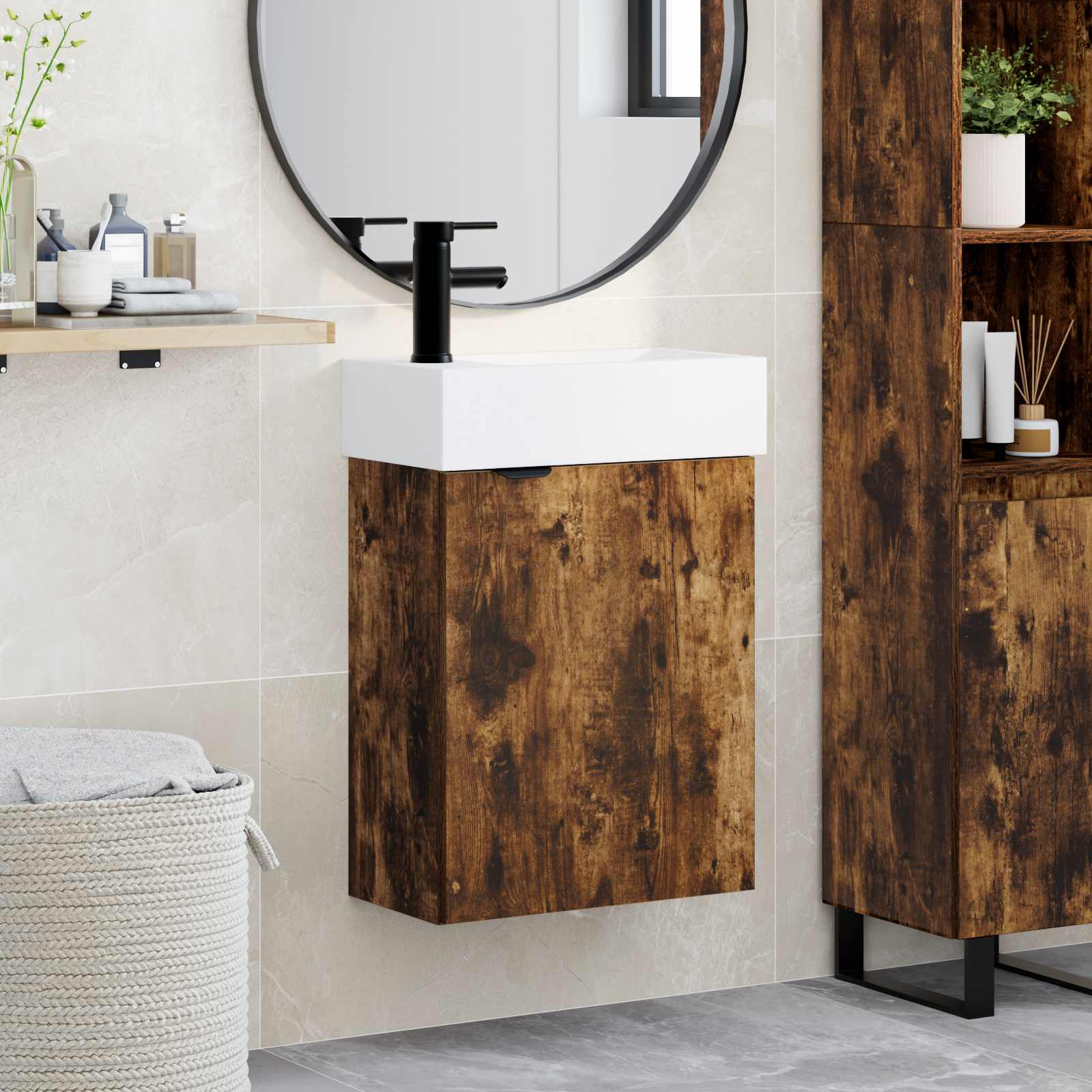 889429_1.jpg vidaXL Kúpeľňová skrinka s batériou Dymový dub 45,5 x 22,5 x 84 cm – Obrázok 1
