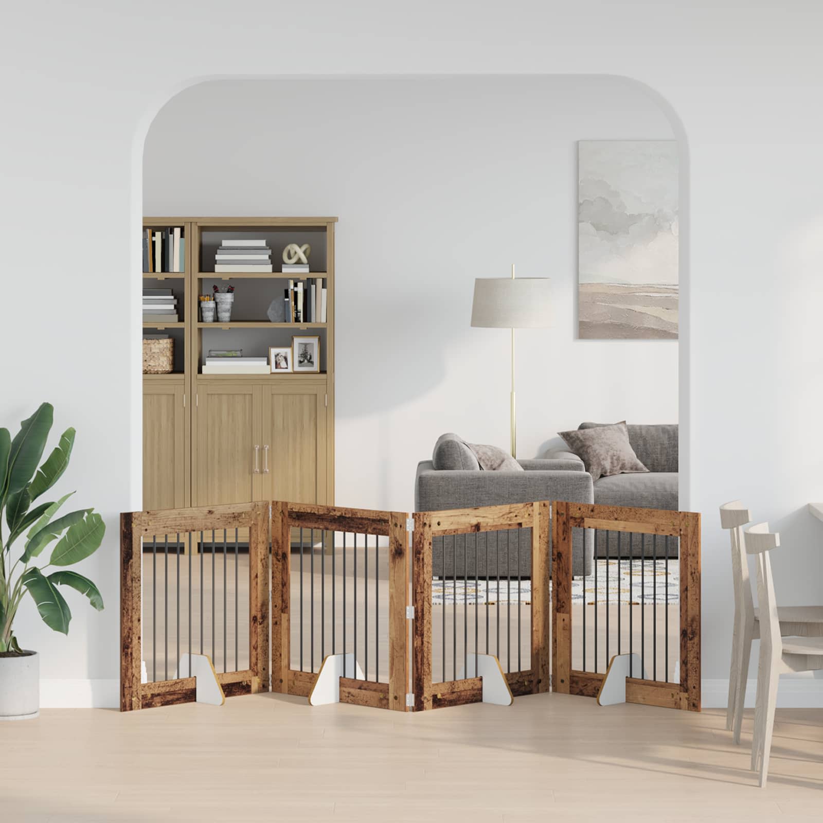 892083_1.jpg vidaXL Skladacia psia brána so stojanmi 4 pcs Staré drevo 321 cm – Obrázok 1