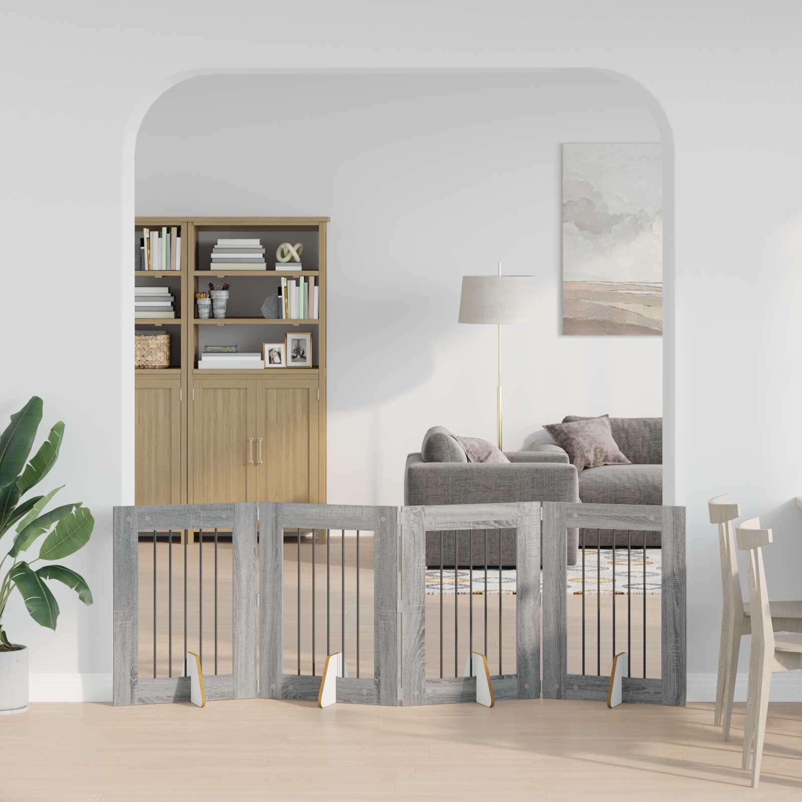892100_1.jpg vidaXL Skladacia psia brána so stojanmi 4 pcs Sivá sonoma 241 cm – Obrázok 1