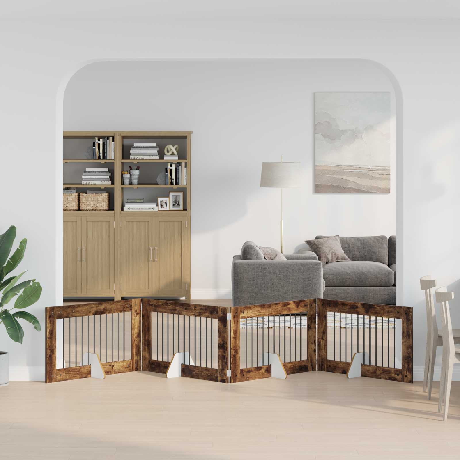 892117_1.jpg vidaXL Skladacia psia brána so stojanmi 4 pcs Dymový dub 401 cm – Obrázok 1