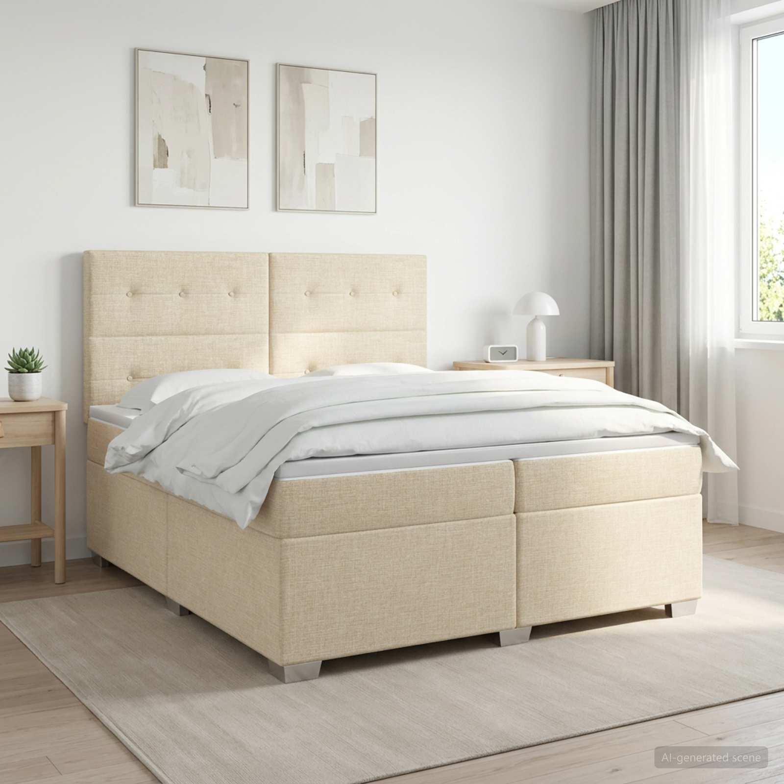3453491_1.jpg vidaXL Posteľ boxspring s matracom Krémová 200 x 200 cm Látka – Obrázok 1